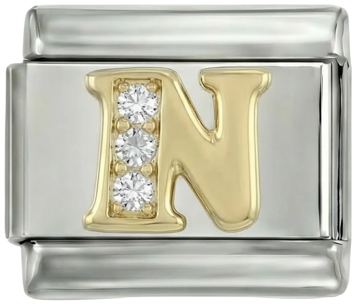 Letter N in Gold with Stones, on Silver