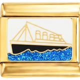 Golden and Black Ship with Blue Sea on Gold