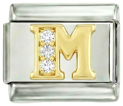 Letter M in Gold with Stones, on Silver - Letter-M-in-gold-with-stones-on-silver.png
