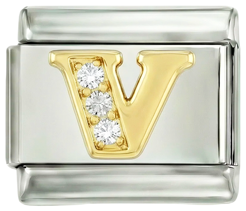 Letter V in Gold with Stones, on Silver - Letter-V-in-gold-with-stones-on-silver.png